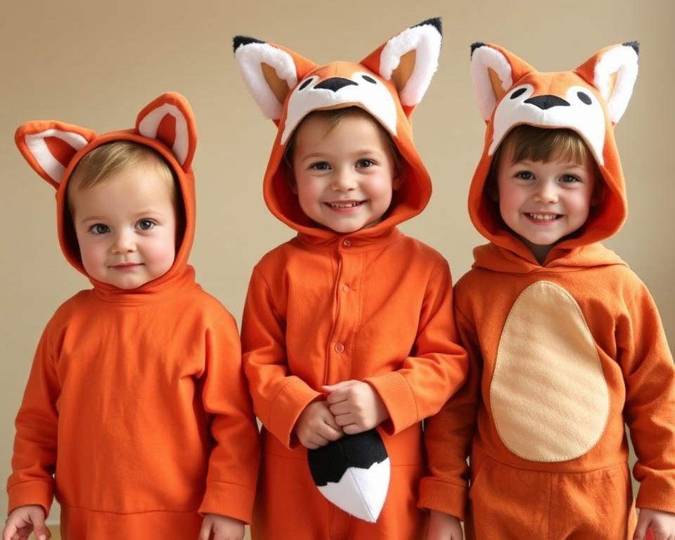 Dzieci w różnym wieku w strojach liska dostosowanych do ich potrzeb