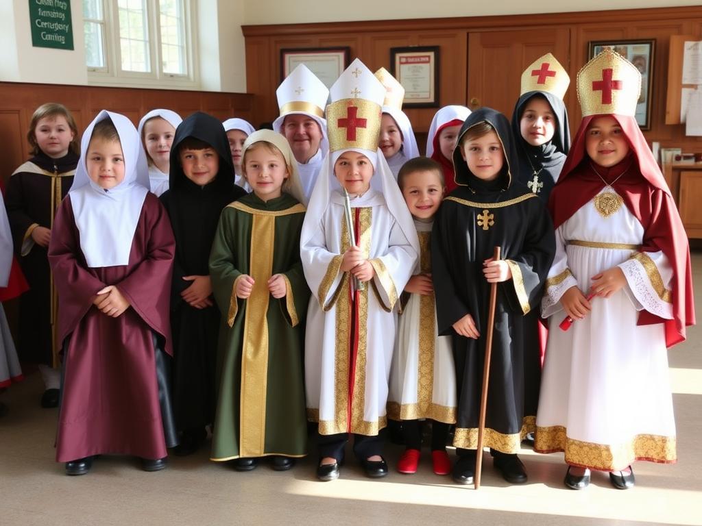 Dzieci w różnym wieku w strojach świętych dostosowanych do ich potrzeb