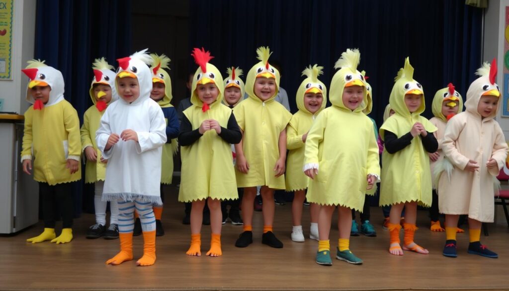 Dzieci w strojach kury podczas przedstawienia szkolnego