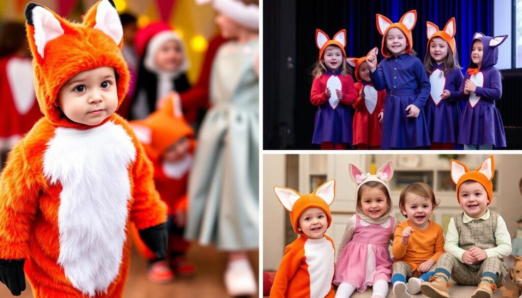 Dzieci w strojach liska na różnych okazjach - bal karnawałowy, przedstawienie szkolne