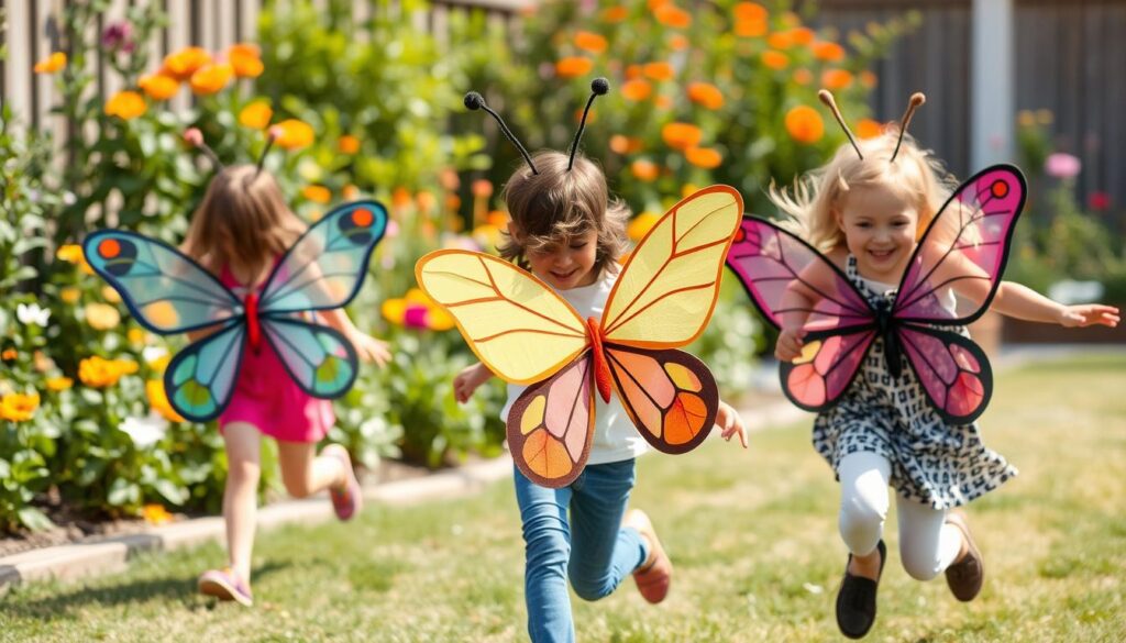 Dzieci w strojach motyli bawiące się w ogrodzie