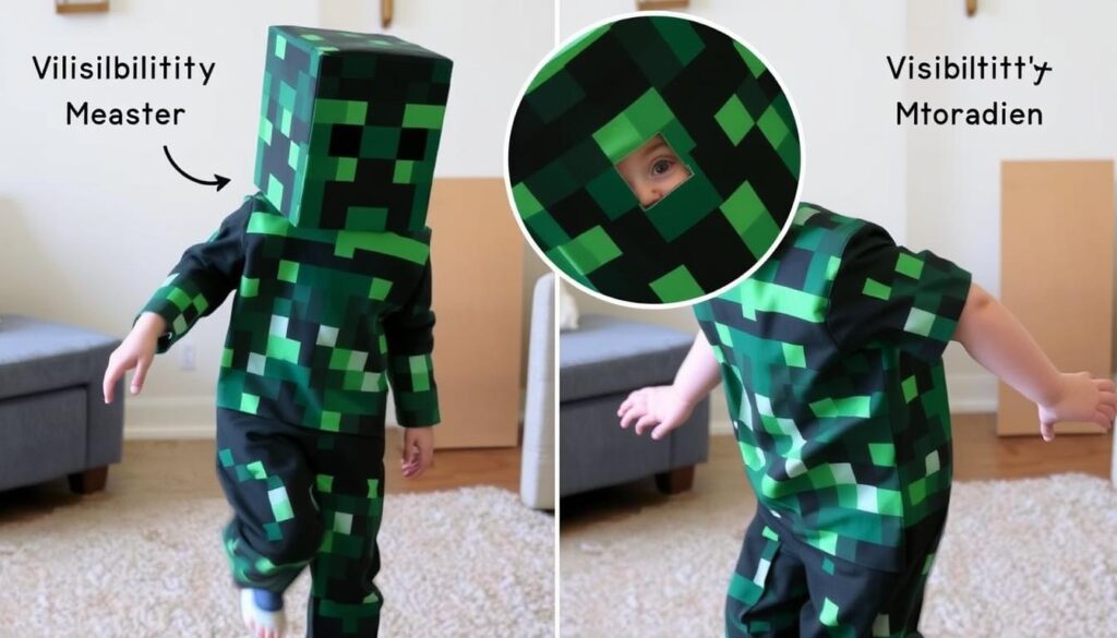 Dziecko w kostiumie Minecraft testujące widoczność i wygodę przebrania
