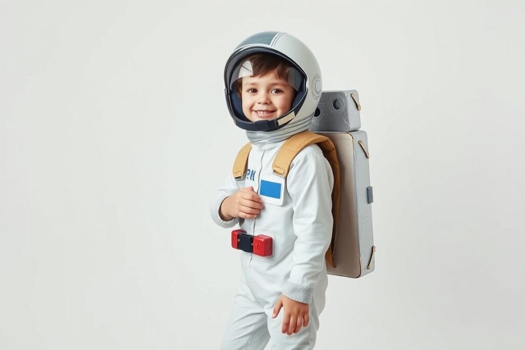 Dziecko w samodzielnie wykonanym stroju kosmonauty z hełmem i plecakiem tlenowym