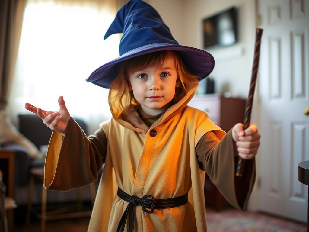 Dziecko w samodzielnie wykonanym stroju postaci z bajki fantasy