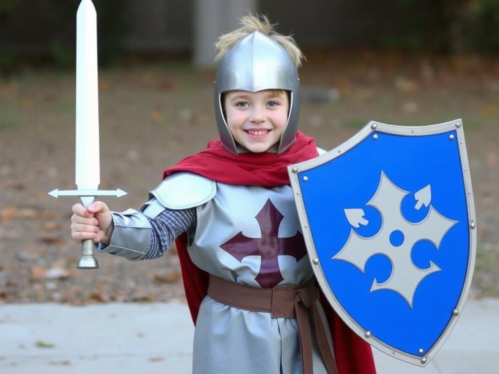 Dziecko w samodzielnie wykonanym stroju rycerza z kartonu