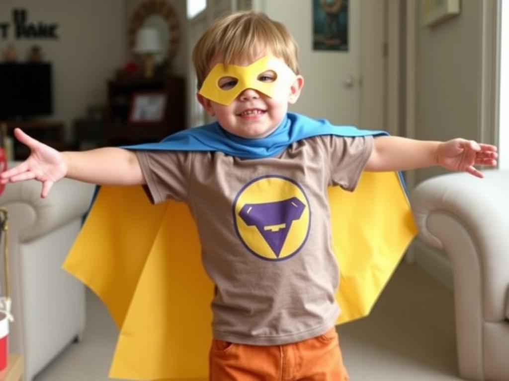 Dziecko w samodzielnie wykonanym stroju superbohatera z bajki
