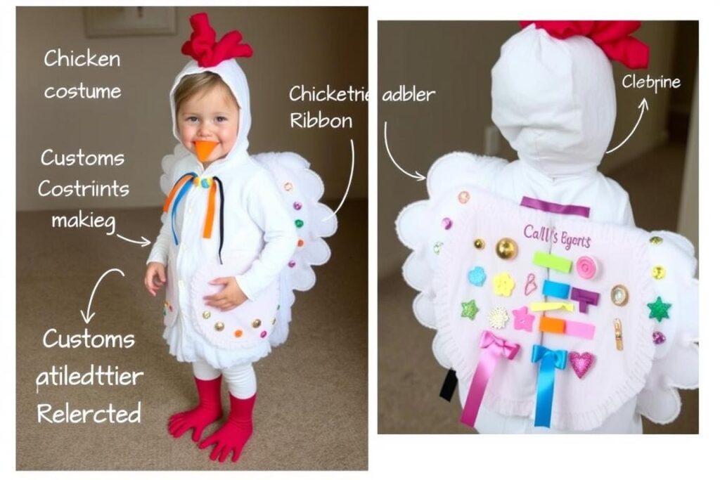 Dziecko w spersonalizowanym stroju kury z kolorowymi dodatkami