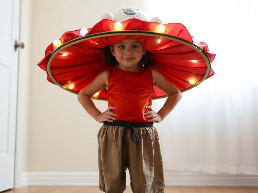 Dziecko w stroju UFO z okrągłą konstrukcją wokół talii