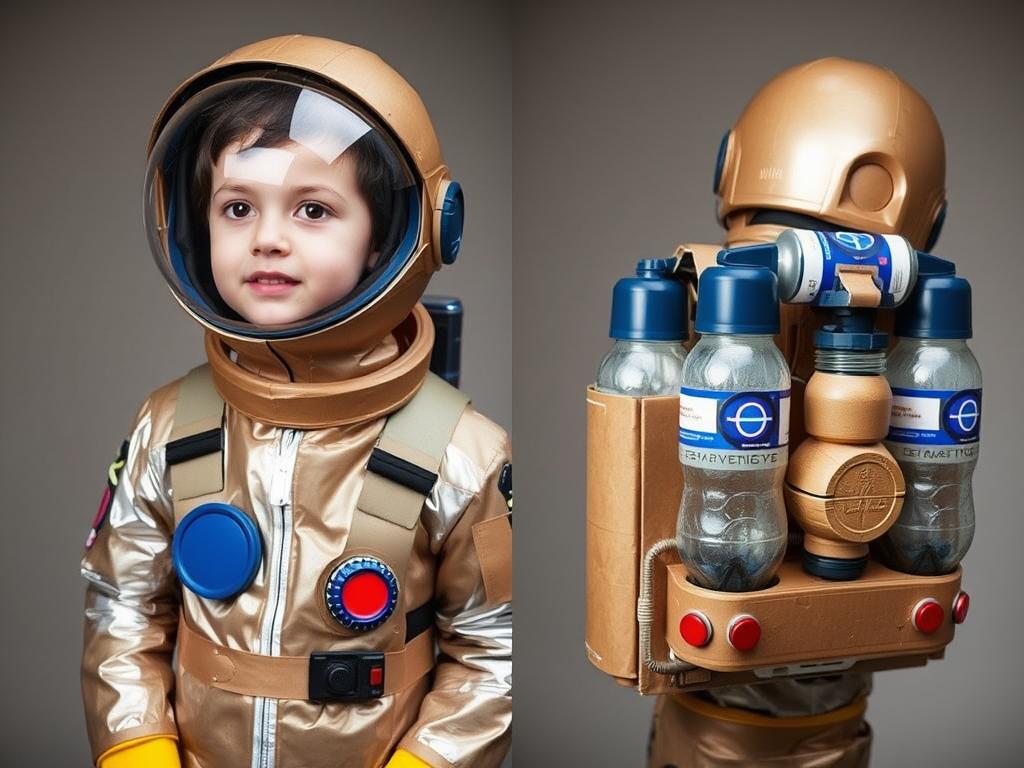Dziecko w stroju astronauty wykonanym z kartonów, folii aluminiowej i plastikowych elementów, z hełmem z przezroczystym wizjerem