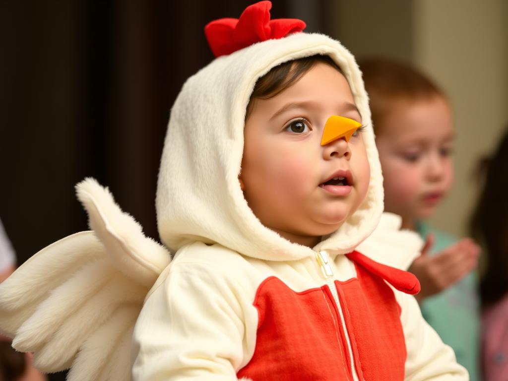 Dziecko w stroju kury podczas występu przedszkolnego