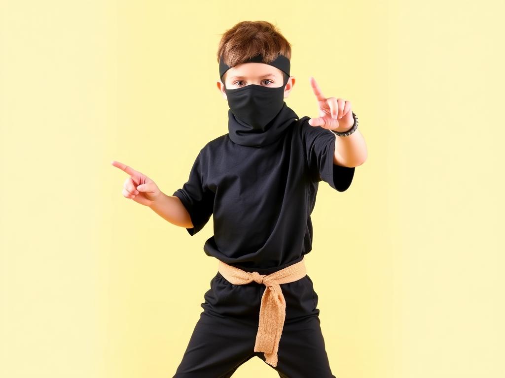 Dziecko w stroju ninja wykonanym z czarnej koszulki i prostych materiałów