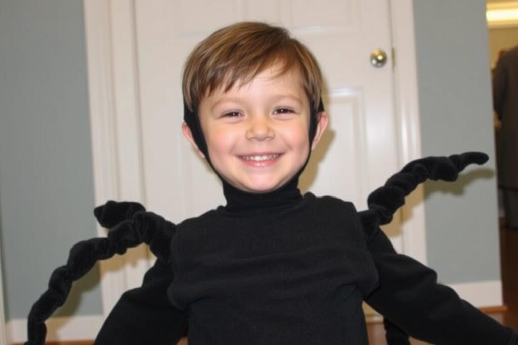 Dziecko w stroju pająka wykonanym domowym sposobem