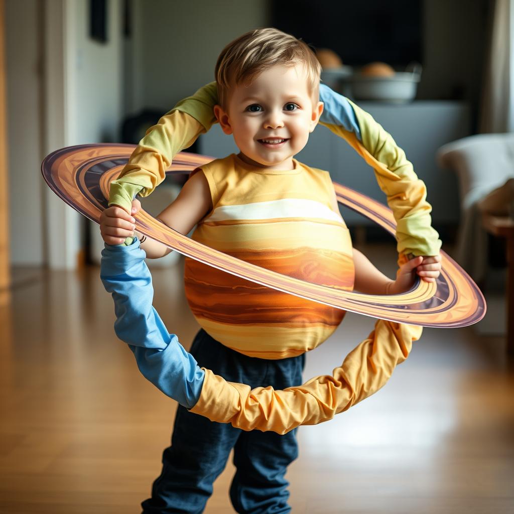 Dziecko w stroju planety z obręczą hula-hop owiniętą kolorową tkaniną