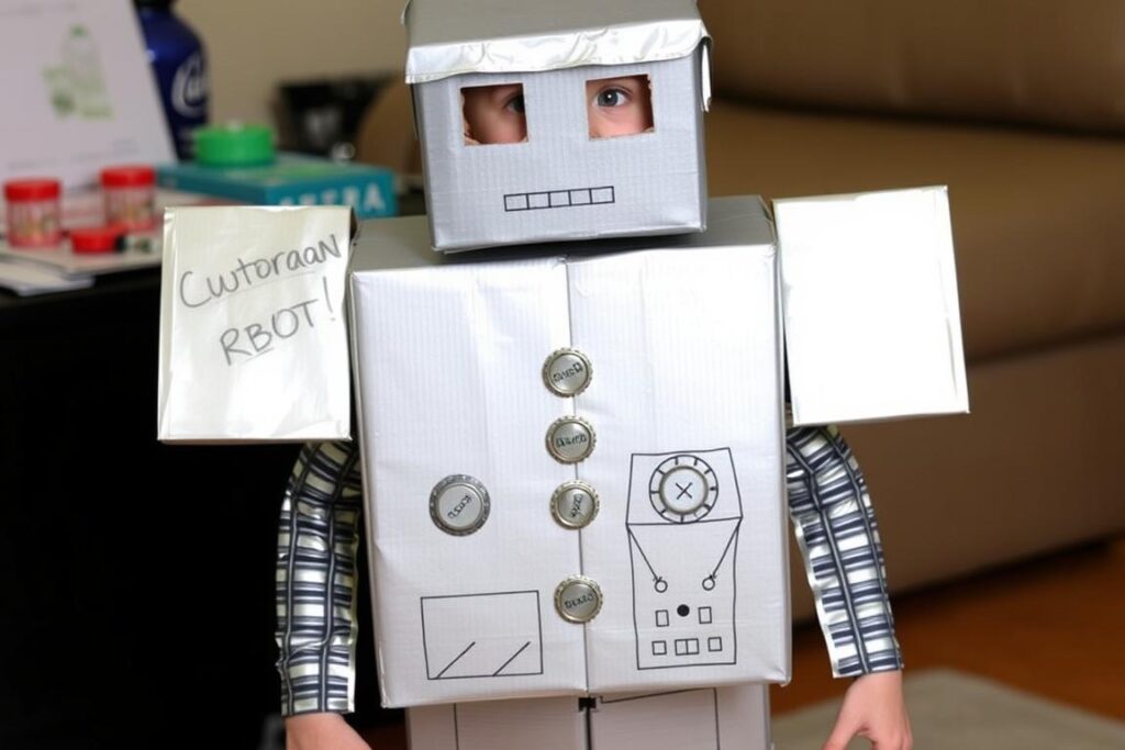 Dziecko w stroju robota wykonanym z kartonów pomalowanych na srebrno, z dodatkami z folii aluminiowej i przyciskami z nakrętek