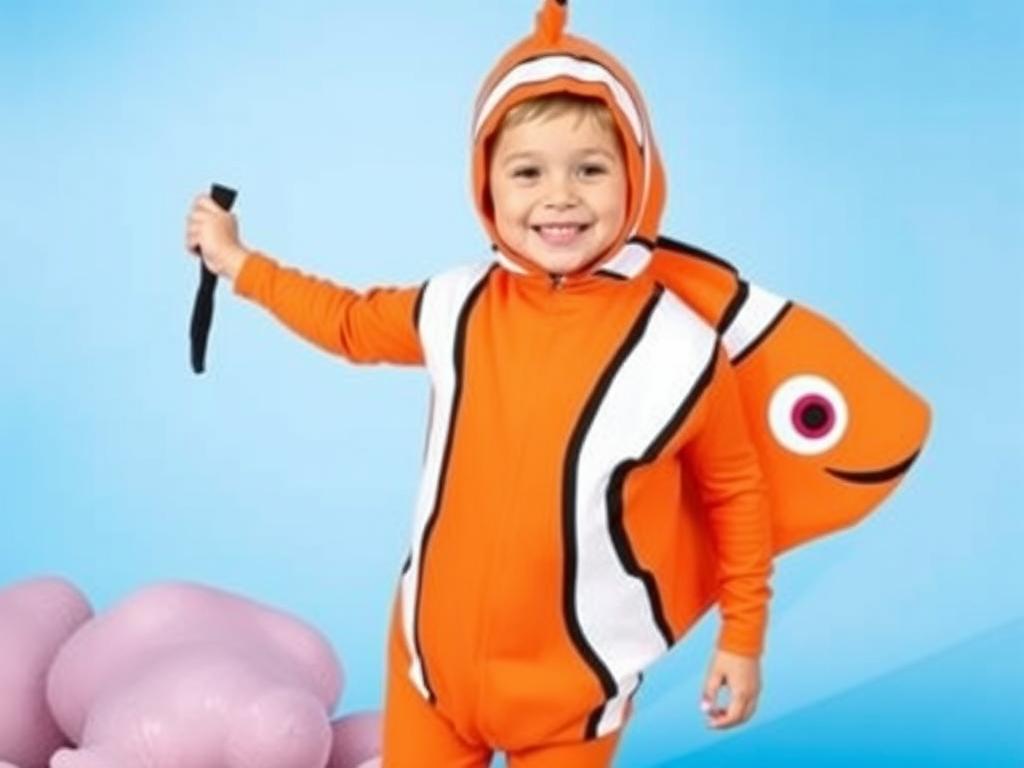 Dziecko w stroju rybki Nemo z charakterystycznymi pomarańczowymi i białymi paskami