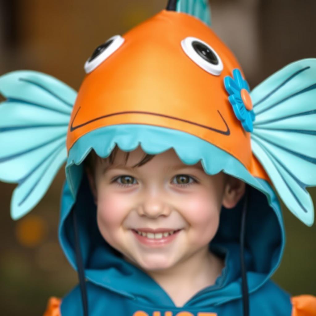 Dziecko w stroju rybki z kreatywnym nakryciem głowy w kształcie ryby