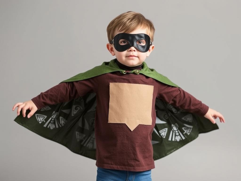 Dziecko w stroju superbohatera z peleryną wykonaną z worka na śmieci, z emblematem z kartonu na klatce piersiowej i maską z filcu