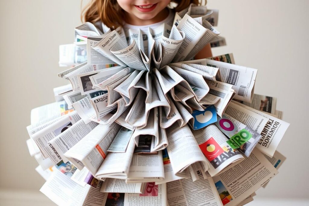 Dziecko w stroju wykonanym z gazet, uformowanych w sukienkę z wieloma warstwami i ozdobami z kolorowych wycinków