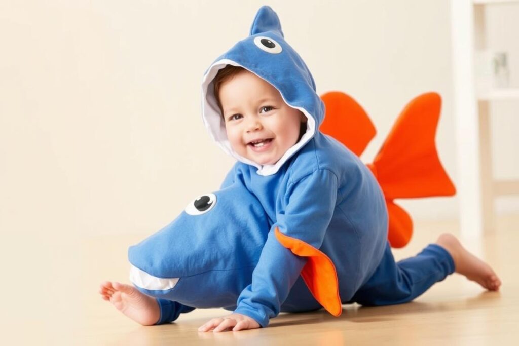 Dziecko w wygodnym i bezpiecznym stroju rybki podczas zabawy