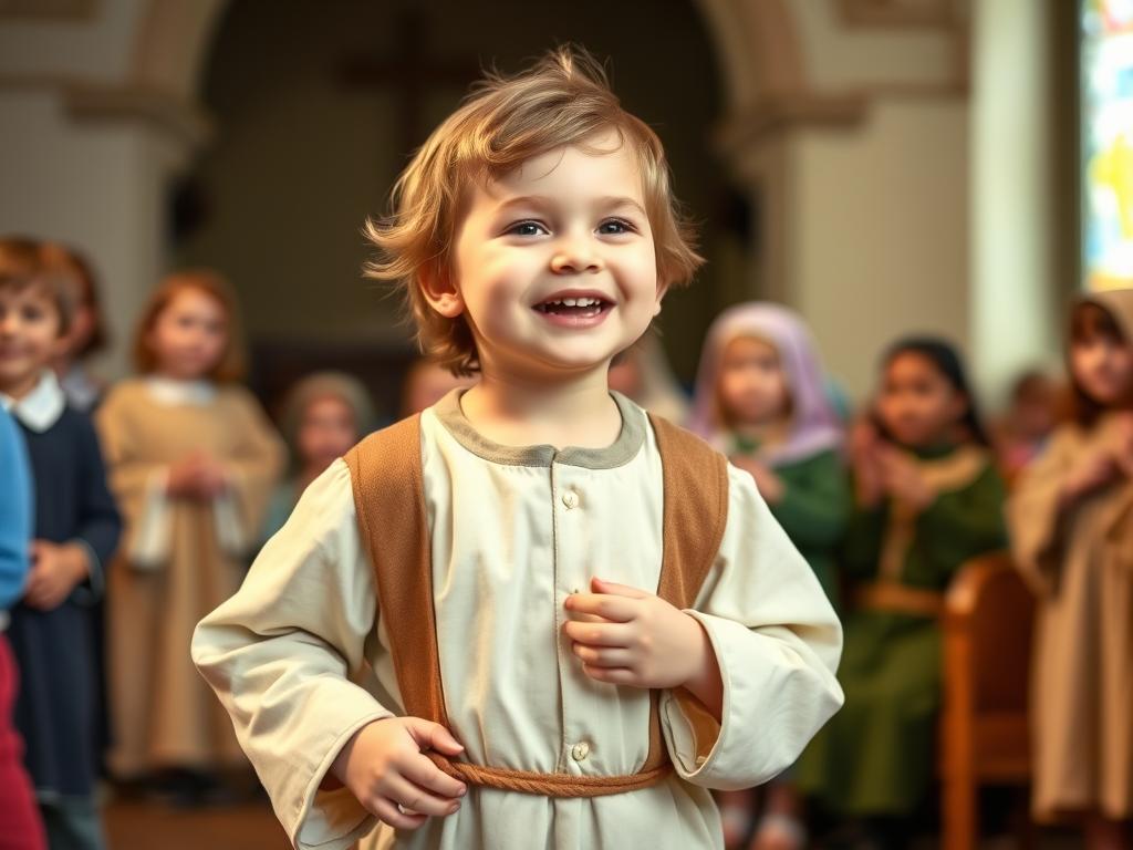 Dziecko w wygodnym stroju pastuszka podczas jasełek