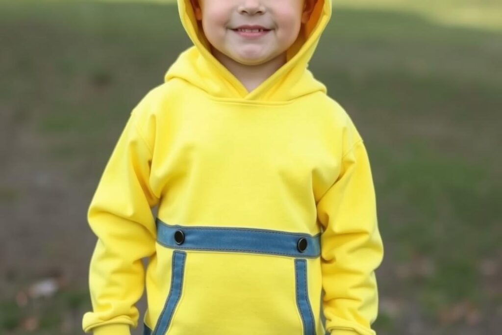 Dziecko w żółtej bluzie z kapturem jako baza stroju minionka