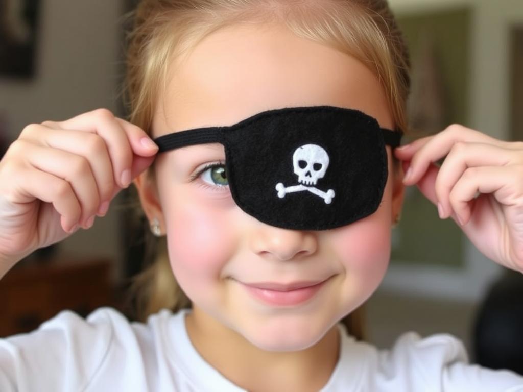 Dziewczynka przymierzająca czarną opaskę na oko do stroju piratki