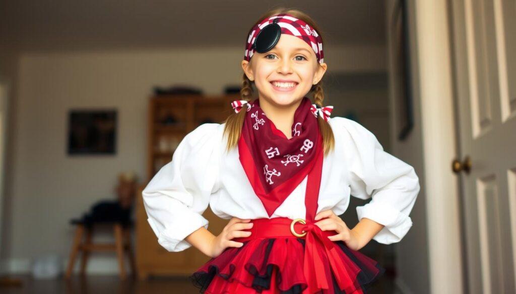Dziewczynka w kompletnym stroju piratki, dumnie prezentująca własnoręcznie wykonany kostium