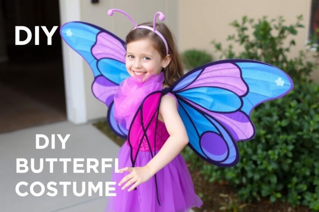 Dziewczynka w pełnym stroju motyla z kolorowymi skrzydłami i czułkami