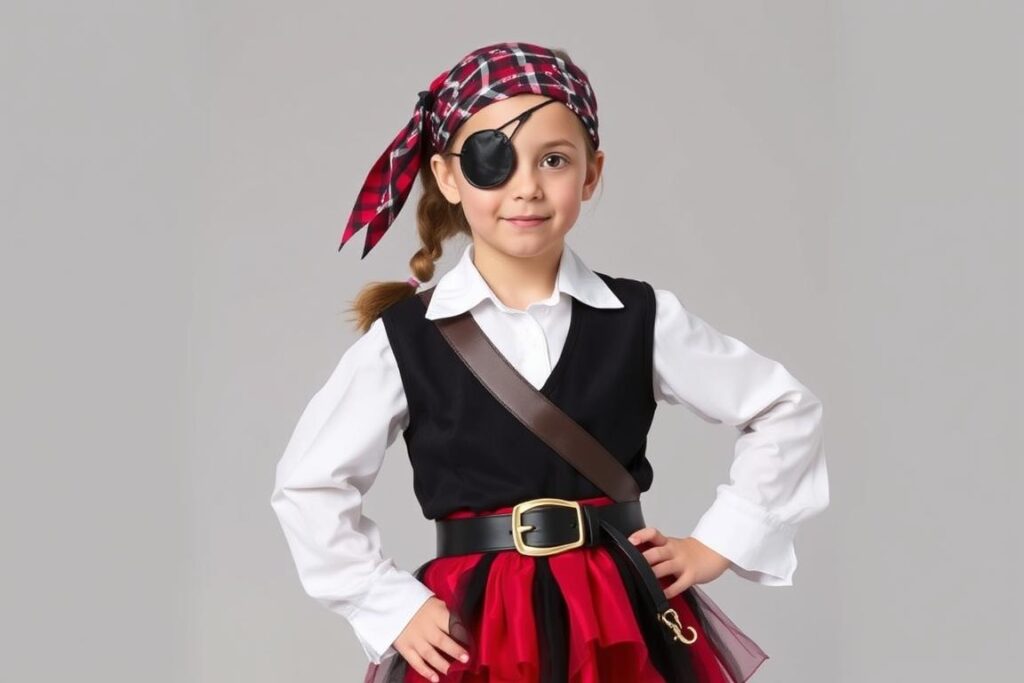 Dziewczynka w wieku szkolnym w bardziej rozbudowanym stroju piratki