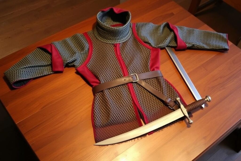 Elementy stroju rycerskiego z kolczugą i tuniką herbową
