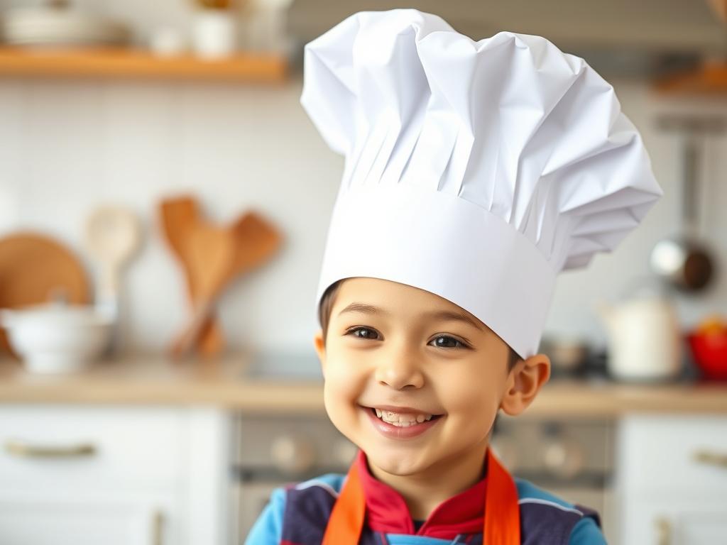 Gotowy biały kapelusz kucharski z papieru na głowie dziecka
