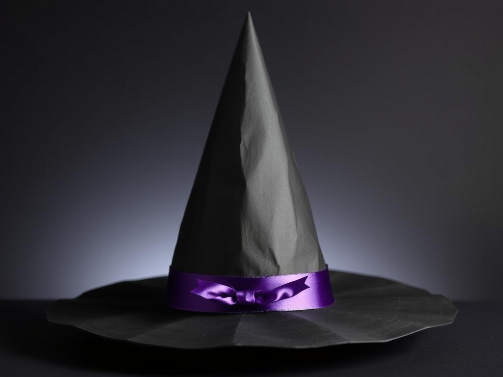 Gotowy czarny kapelusz czarownicy z papieru z fioletową wstążką