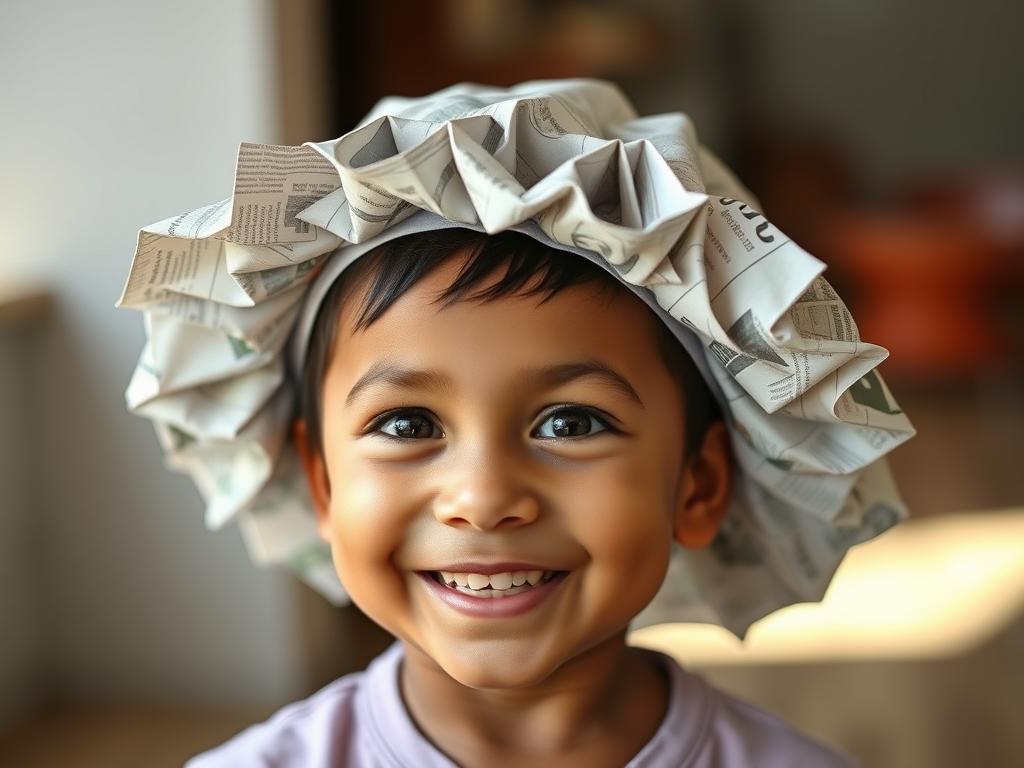 Gotowy kapelusz z gazety na głowie dziecka