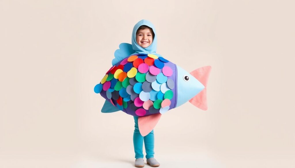 Gotowy strój rybki DIY prezentowany przez dziecko