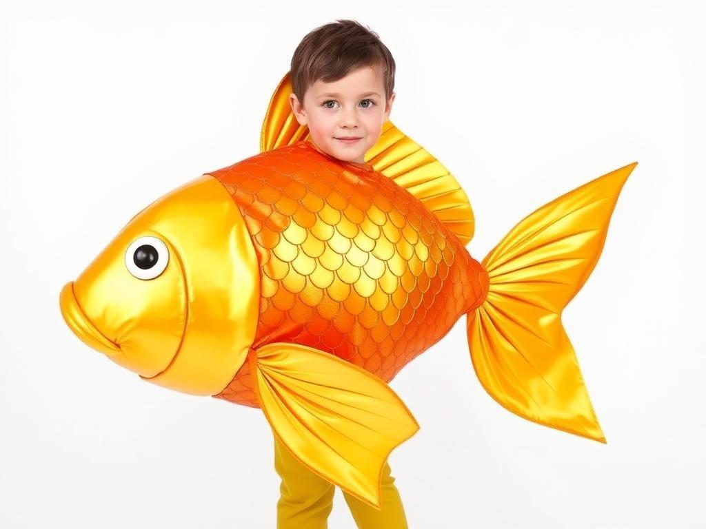 Gotowy strój złotej rybki ze złotymi i pomarańczowymi łuskami