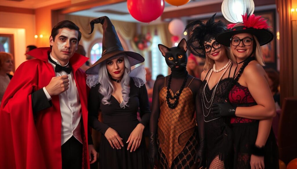 Grupa dorosłych w klasycznych strojach karnawałowych własnej roboty