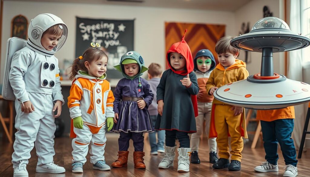 Grupa dzieci w różnych strojach kosmicznych bawiących się razem