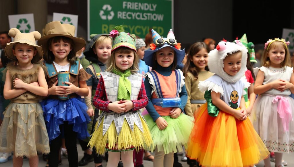 Grupa dzieci w różnych strojach z recyklingu, prezentująca swoje kreatywne kostiumy podczas ekologicznego pokazu mody