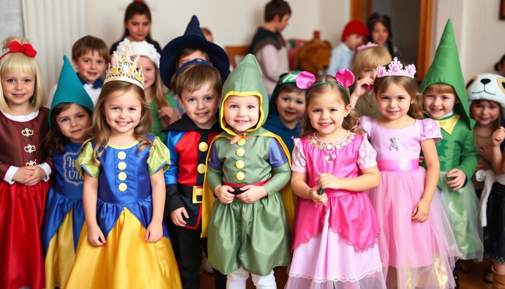 Grupa dzieci w strojach postaci z bajek na balu przebierańców