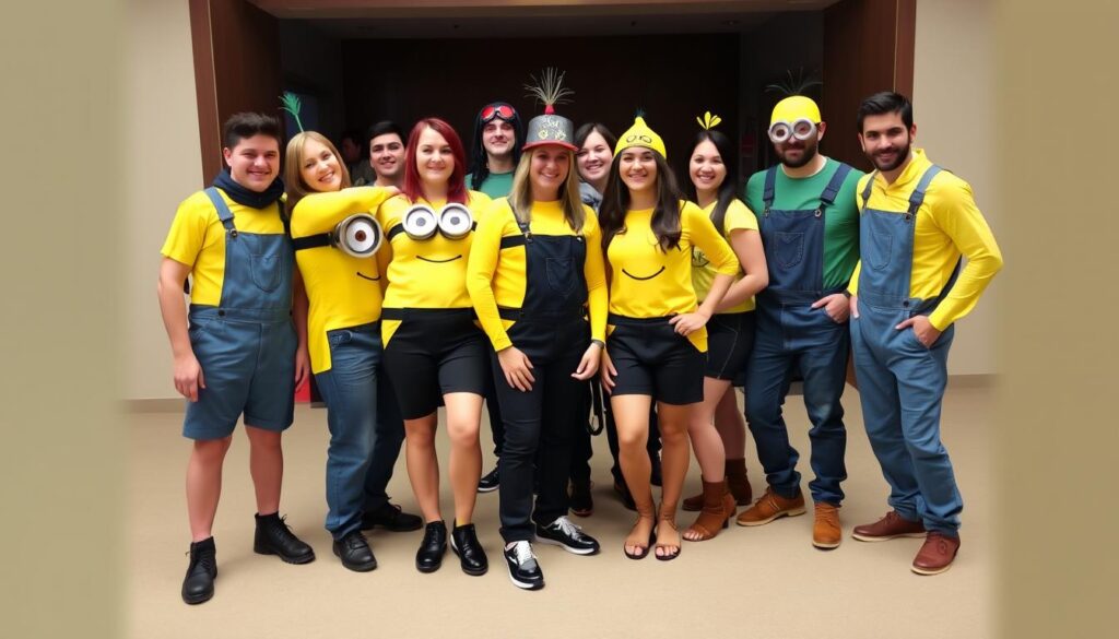 Grupa osób w różnych wersjach strojów minionków