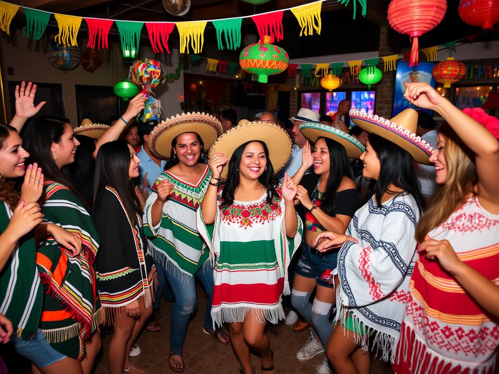 Grupa osób w strojach meksykańskich bawiąca się na imprezie tematycznej