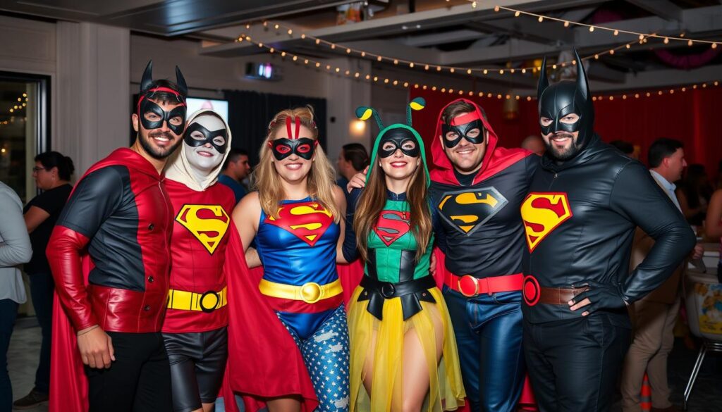 Grupa przyjaciół w tematycznych strojach karnawałowych dla dorosłych