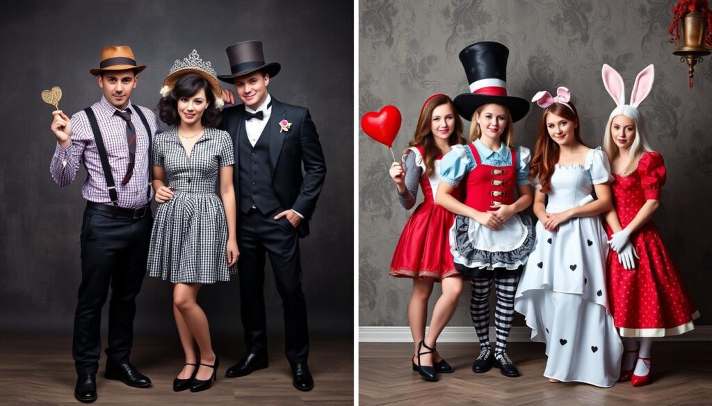 Grupowe przebrania karnawałowe - para przebrana za Bonnie i Clyde oraz grupa przyjaciół jako postacie z Alicji w Krainie Czarów