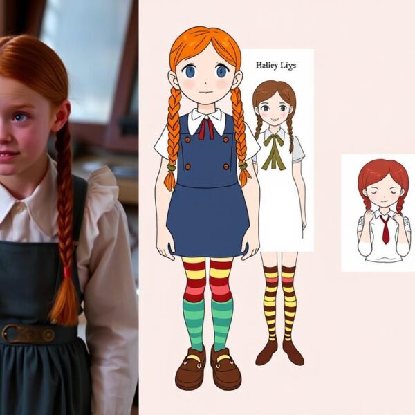 Inspiracje do stroju Pipi - kadr z filmu i ilustracje z książek pokazujące strój pipi jak zrobić