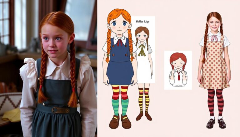 Inspiracje do stroju Pipi - kadr z filmu i ilustracje z książek pokazujące strój pipi jak zrobić