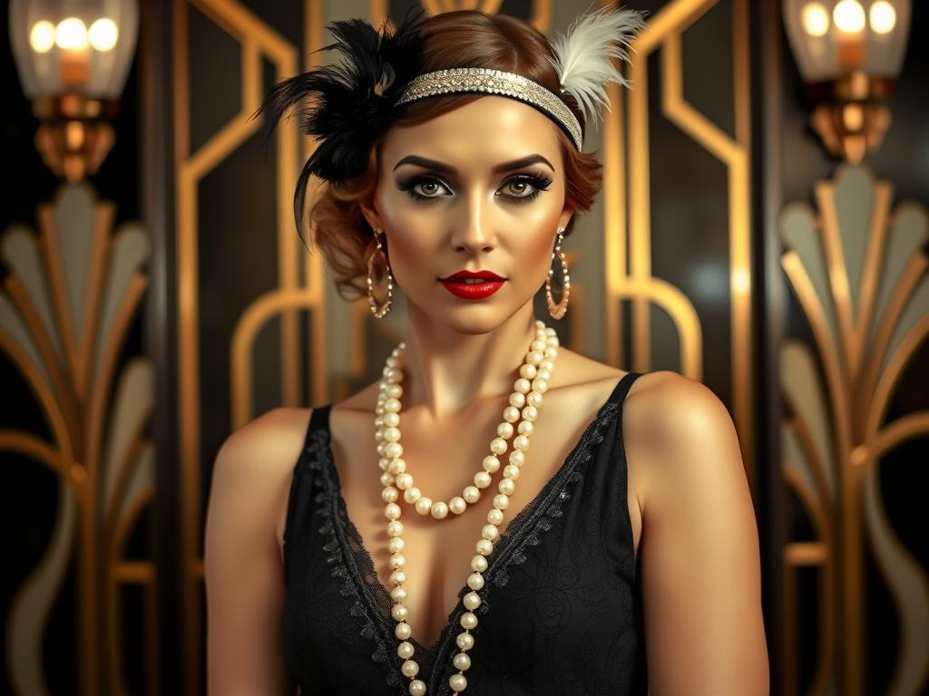 Kobieta przebrana za postać z lat 20. w stylu Wielkiego Gatsby'ego