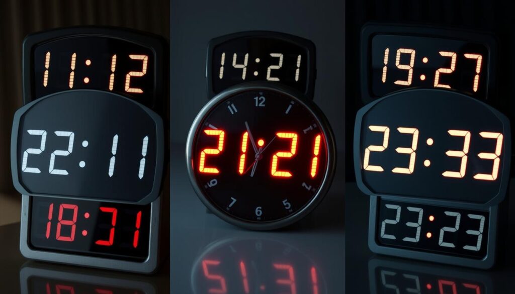 Kolaż różnych godzin lustrzanych na zegarkach, symbolizujący różnorodność znaczeń godzin lustrzanych w kontekście miłości