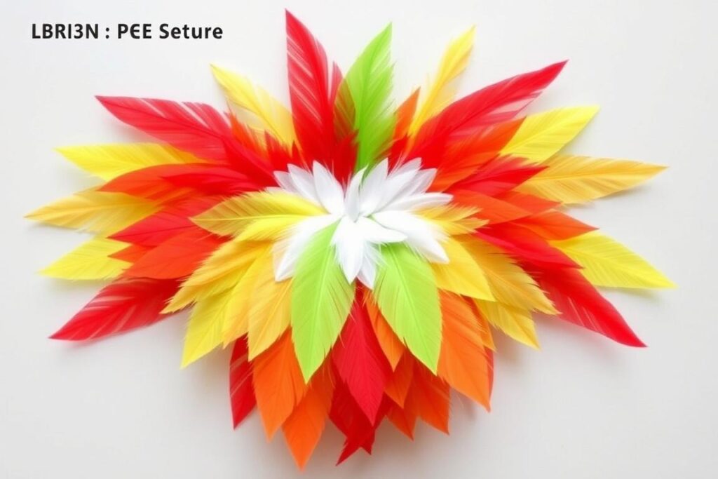 Kolorowy ogon do stroju kury wykonany z materiału i piórek