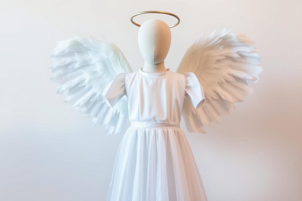 Kompletny strój anioła z białą suknią i skrzydłami