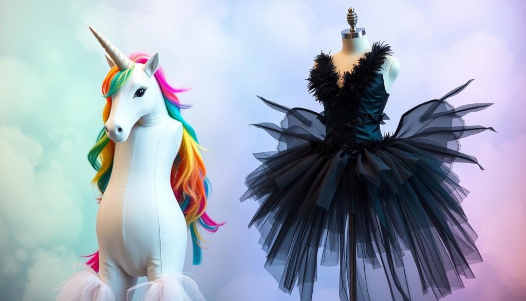 Kostiumy karnawałowe inspirowane postaciami fantastycznymi - jednorożec i czarny łabędź
